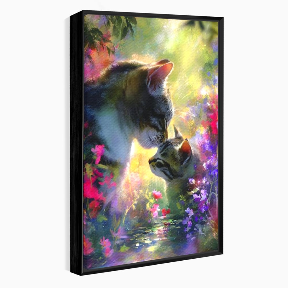 Tablou canvas cu tablou canvas cu pisici mangaite in gradina, in rama de aluminiu negru